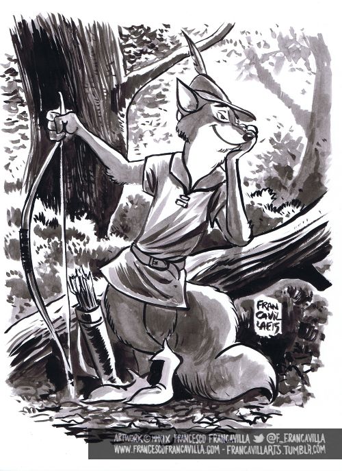Disney’s Robin Hood leaning on a tree, holding the bow, content look on his face