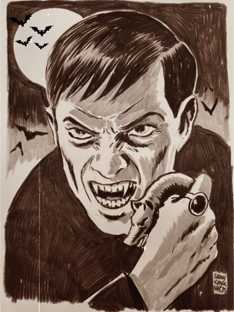 A portrait of Johnathan Friday as the vampire BARNABAS Collins in Dark Shadows, fangs out