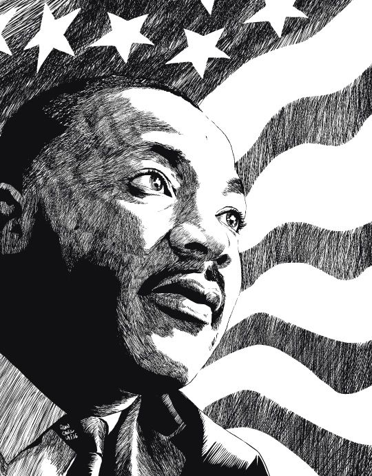 A black and white portrait of Martin Luther King with an American flag in the background 