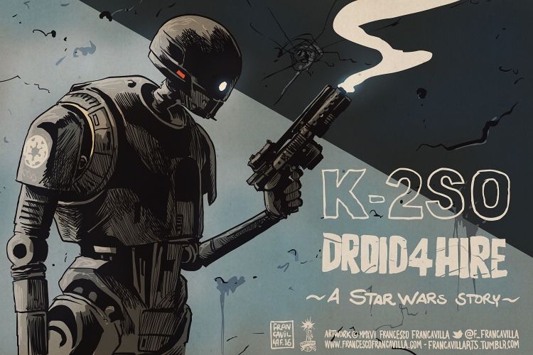 The droid K2SO from the Star Wars movie ROGUE ONE holding a smoking laser gun