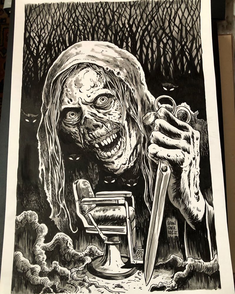 The Creep from creep show with big scissors in his hand looming over a barbershop old chair in the middle of the woods. Beasts eyes all around in the darkness 
