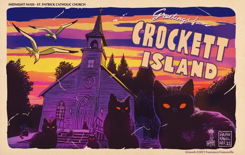 Illustration of a greeting postcard from the fictional Crockett Island showing the St Patrick church at dawn with several black cats with red eyes in the front