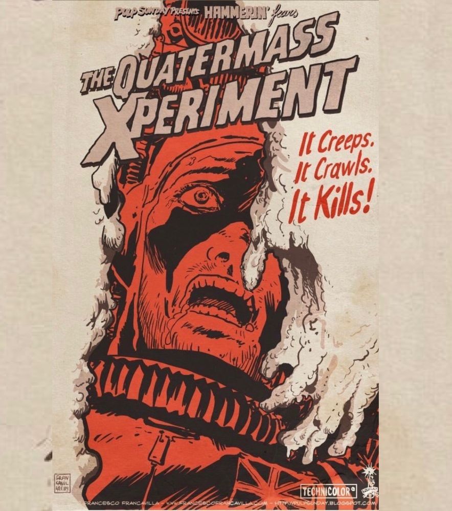A British astronaut stares in horror at some creature in the foreground- we don’t see it, we only see some sort of gelatinous appendix that looks like a hand looming over the terrified astronaut. The art includes the title of the movie and the tagline “it creeps. It crawls. It kills!”