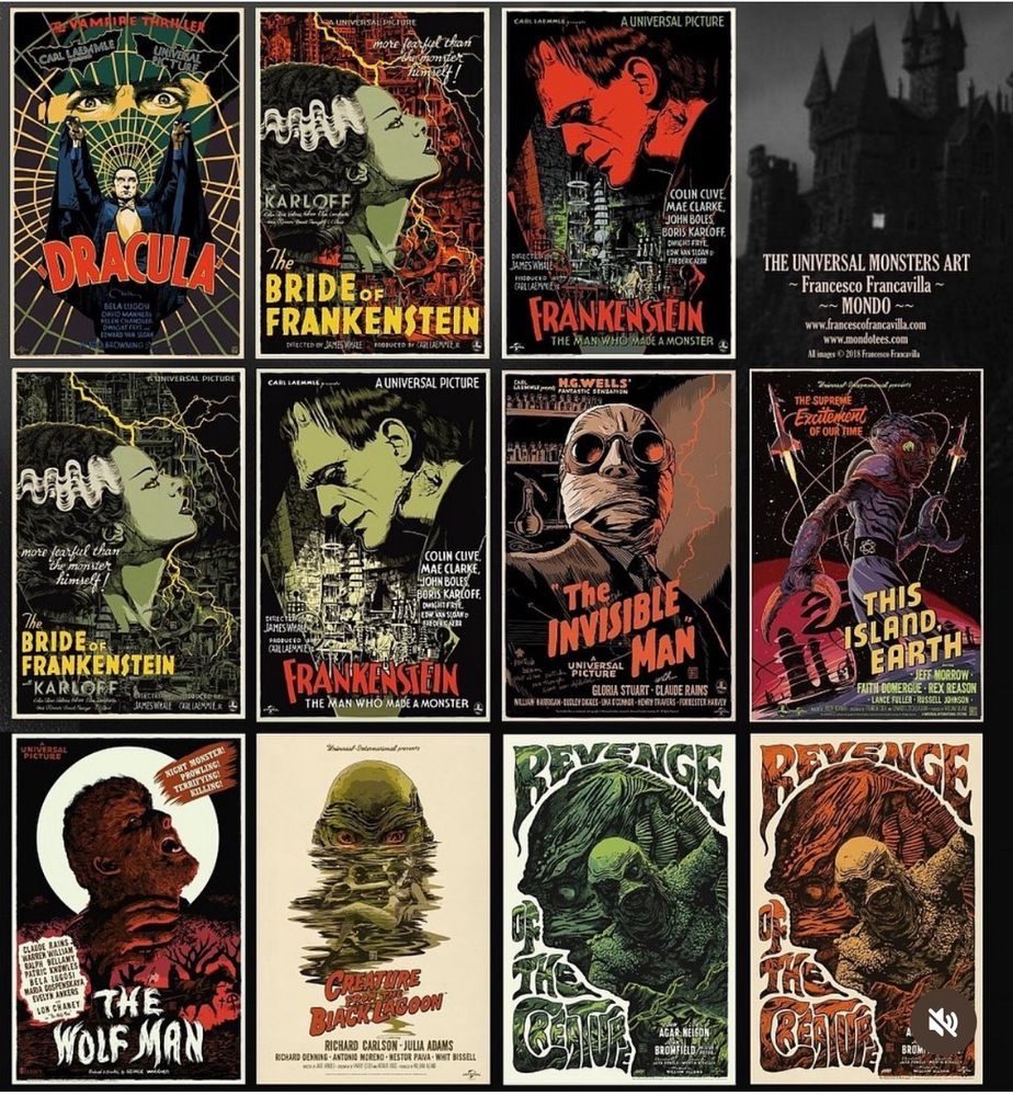 A collage of my Universal Monsters posters including Frankenstein, Dracula, Creature from Black Lagoon, wolf man, bride of Frankenstein 