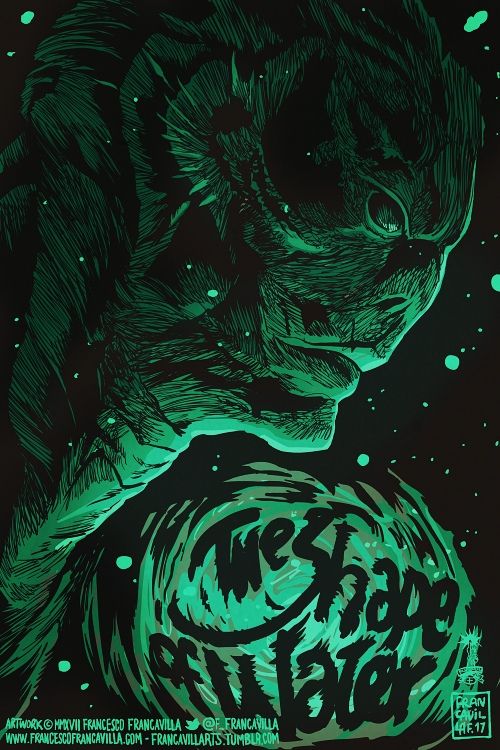 A profile of the gillman, amphibian creature in Guillermo Del Toro movie THE SHAPE OF WATER 