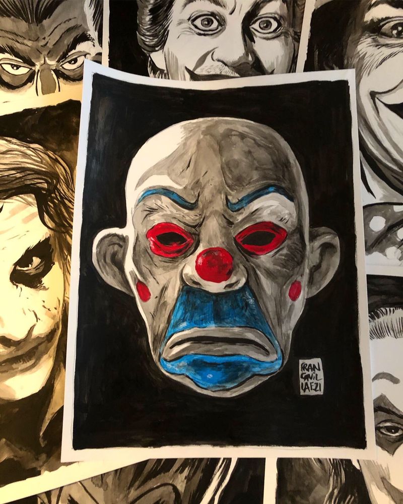 The clown mask used by the Joker in the bank robbery in the movie THE DARK KNIGHT 
