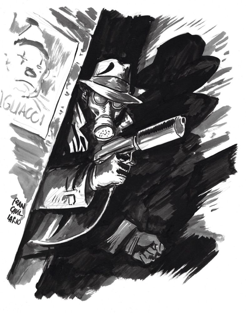 The Sandman with his fedora, goggles, and gas mask & gun coming out of a back alley, big shadow cast on the wall behind him