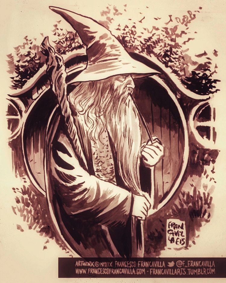A drawing of Gandalf the gray in front of one of the hobbits home smoking is pipe 