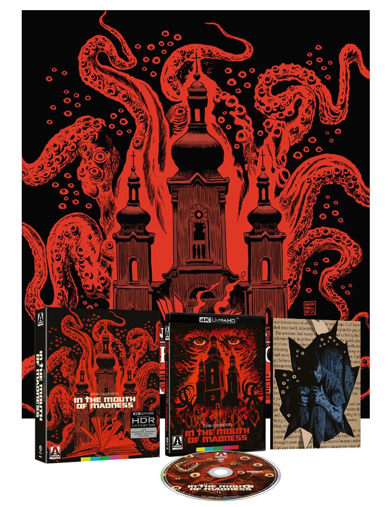 IN THE MOUTH OF MADNESS boxset display with the slipcase showing the dark church surrounded by tentacle, the disc sleeve with more lovecraftian imagery surrounding the church, the booklet cover with the main protagonist in his asylum cell with clothes and walls covered in crosses