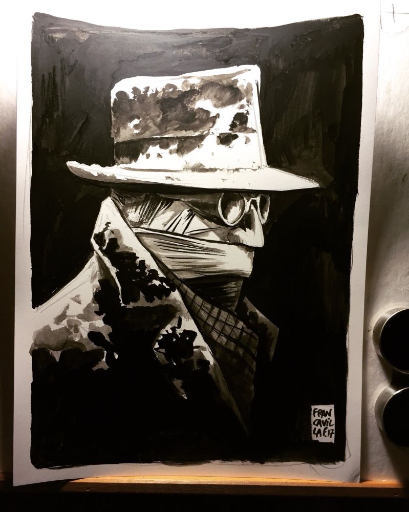 invisible man all inked with his fedora hat and coat covered in snow