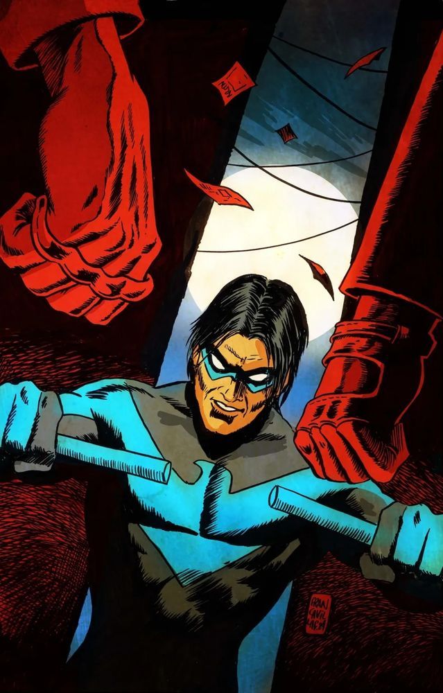 Nightwing in a dark alley ready to fight a couple of goons 