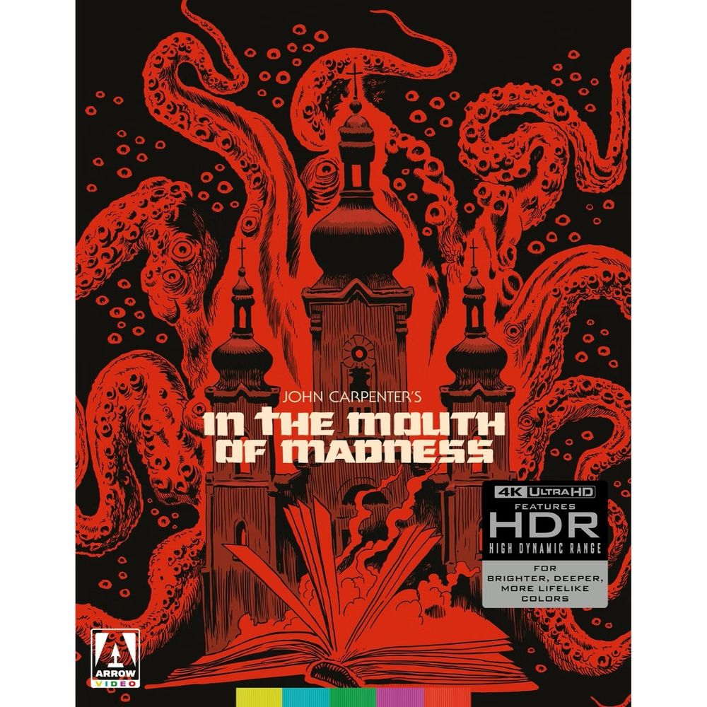 Livecraftian tentacles and eyes loom over the black church from the movie. An open book with pages flapping in the foreground 