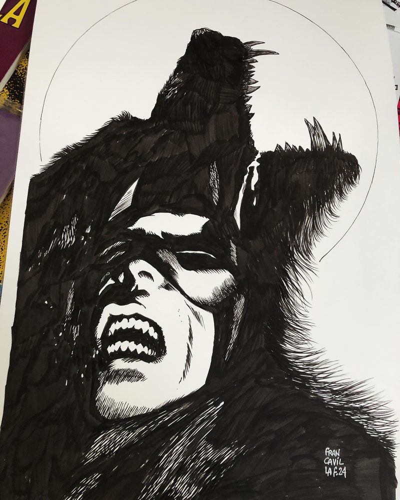 Original art for the cover showing a screaming Batman in the silhouette of an howling werewolf against the full moon in the bg