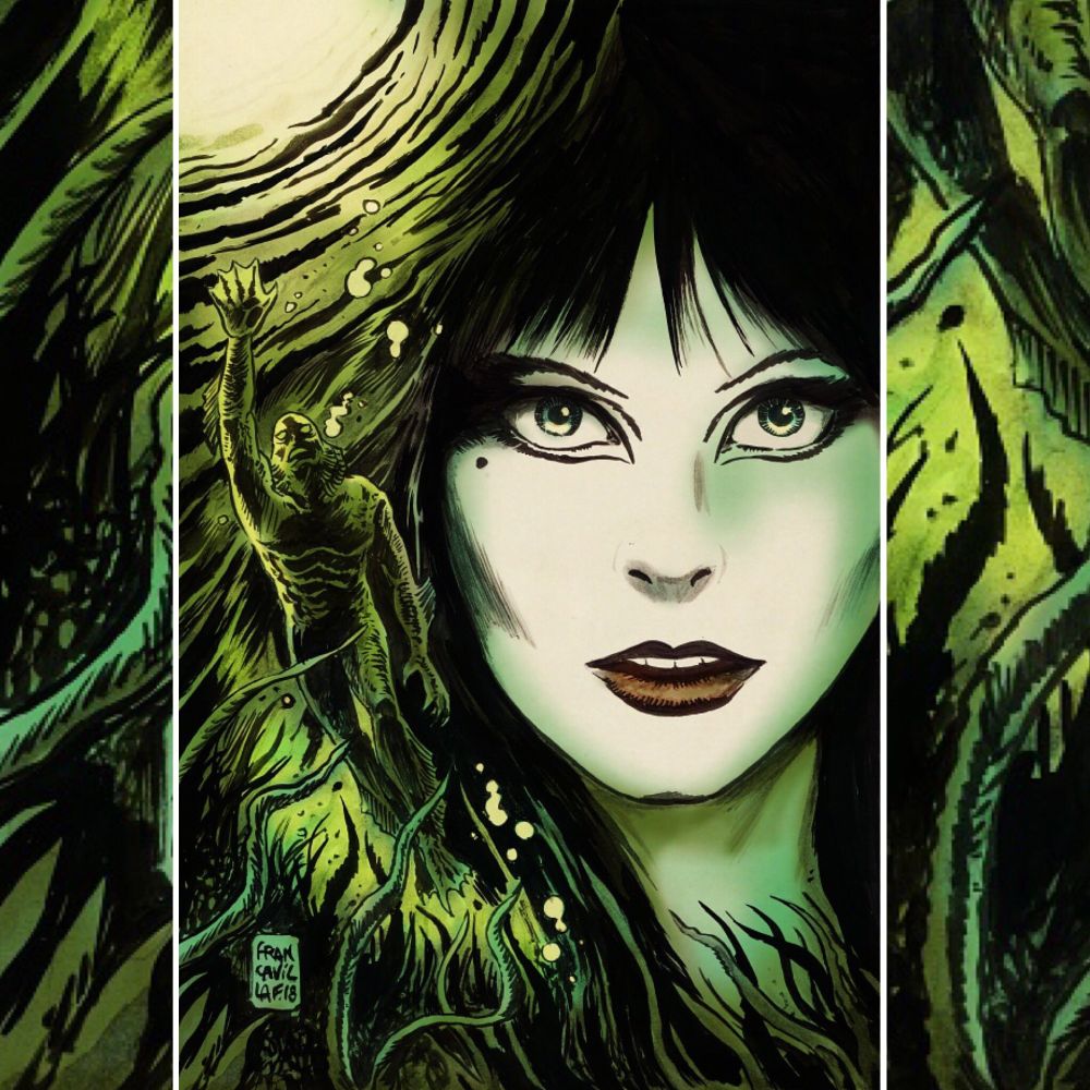 A bi portrait of Elvira next to a creature from the black lagoon like amphibian swimming i the swamp