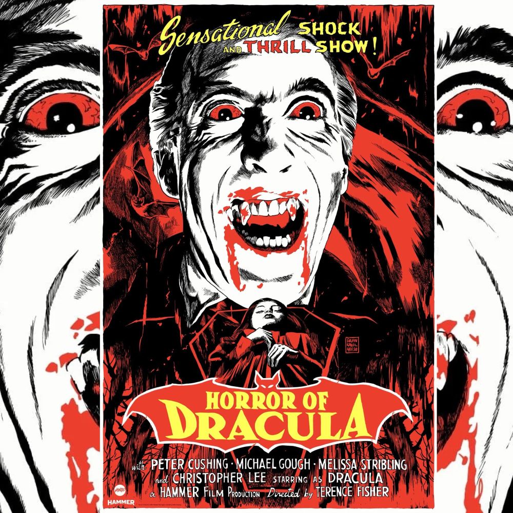 My poster for Hammer Films HORROR OF DRACULA starring Christopher Lee seen here with the fangs out looming over a woman in red dress in a coffin . The title is inside the outline of a bat