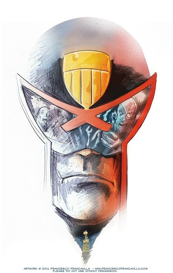 Judge Dredd closeup with a couple of goons reflected on his visor