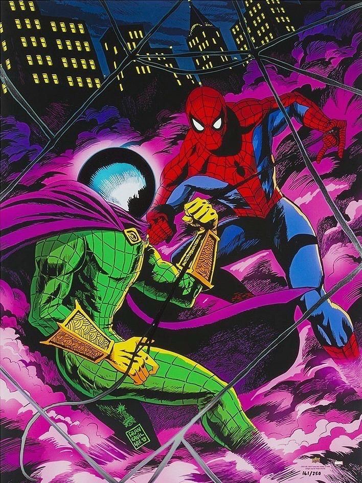 Spider-Man facing Mysterio in a purple cloud/fog. NYC skyline in the background- web everywhere 