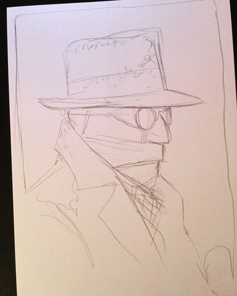 pencil drawing of the invisible man in his fedora hat, goggles and face covered with bandages