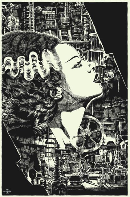 A very intricate, detailed ink drawing for the movie BRIDE OF FRANKENSTEIN with Elsa Lancaster seen in profile as the bride, white streak in the curly hair, stitches on the neck. In the background the laboratory of doctor frankenstein, with all the machinery and equipment as in the 1930s movie, 