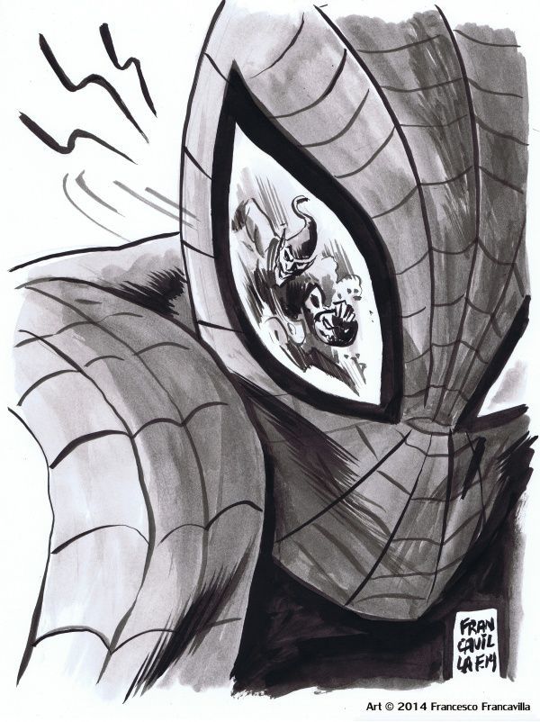 Closeup of Spider-Man- his spider sense tingling- we see the goblin coming at him reflected on one of his mask eyes 
