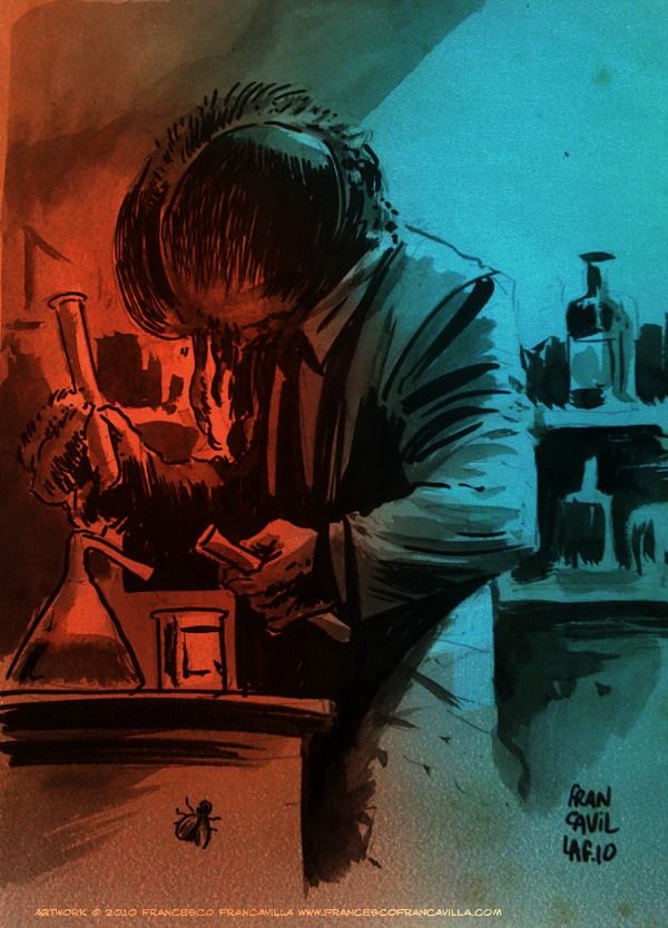The scientist with a giant fly head and arm after experimenting teleportation with a (unknown to him) fly from the 50s' classic THE FLY