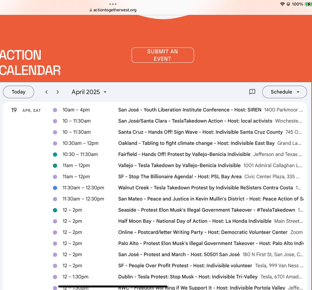 A calendar page of protests in the Bay Area for Saturday 4/19