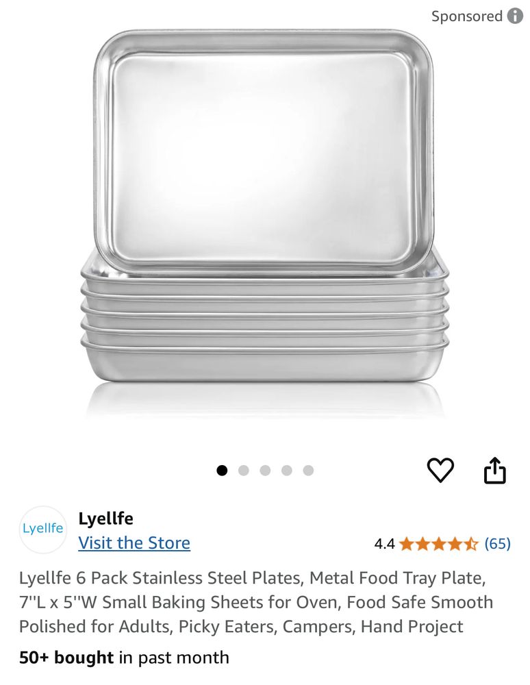 Product image and description for a 6-pack of “stainless steel plates, metal food tray plate, 7”x 5” small baking sheets for oven, food safe smooth, polished for adults, picky eaters, campers, hand project.” 50+ bought in past month. 