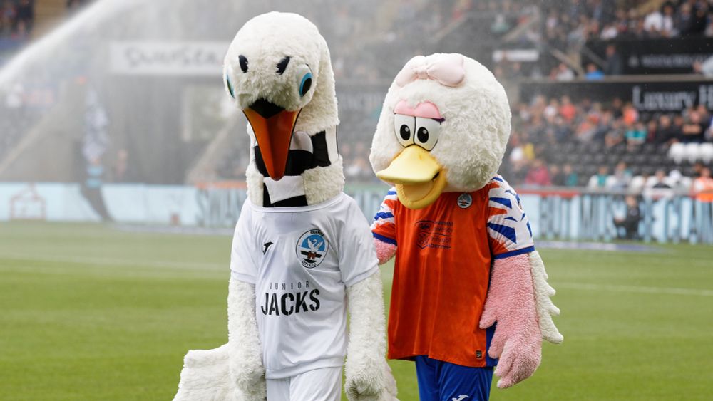 Swansea mascots, Syril and Cyril, walk off the pitch as it’s being watered pregame. 
