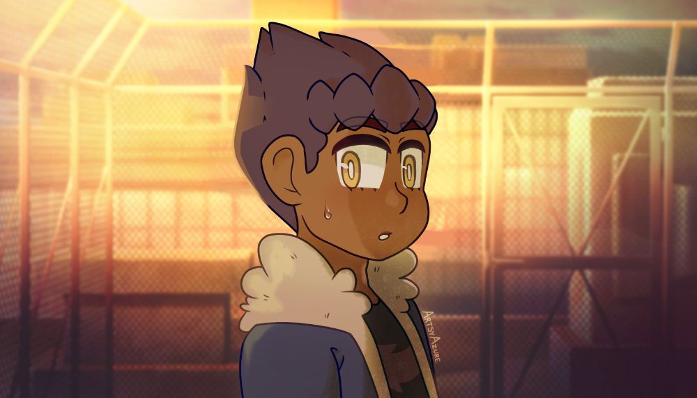 A recreation of the event art of Ena looking at Mizuki from Mizuki's 5th focus event in Project Sekai, where Hop is in the place of Ena, with full shading and highlights. Hop is looking over at the viewer with a mildly surprised expression. His skin is darker than it is in canon. The sun is hitting his back, and the lighting in the scene is very yellow.