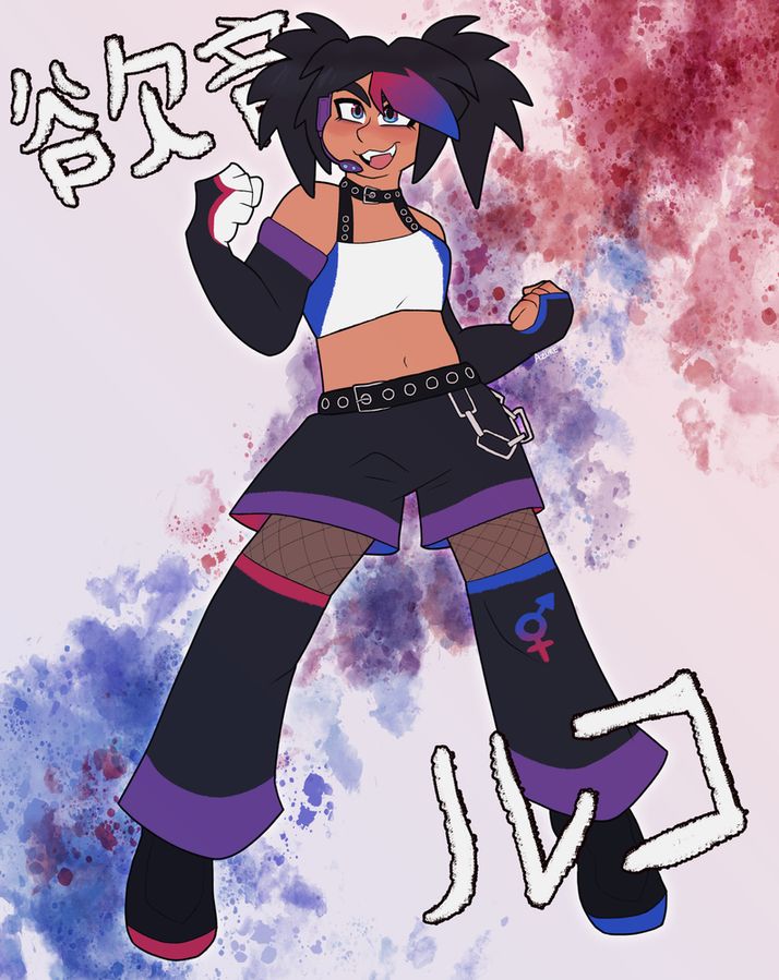 Art of an alternate design of Yokune Ruko. He is in the same pose as his official art, with one fist up near his shoulder, and one up at his waist. The background the kanji for Yokune Ruko. Her skin is a bit tanner, and her pigtails are spikier. The highlight moved to his bangs. She has a white and blue halter top, held up by shoulder straps, which connects to a choker. The straps and choker have belt rings, which the belt also has in the same style. The belt has a chain belt hanging off it in a loop, and is holding up shorts that flare out. He has fishnet tights under his shorts and leg-warmers. Her right leg-warmer has the male symbol and female symbol combined on the knee. He is wearing long gloves, where the left glove is a full glove, which has white fingers, and the right glove is fingerless. She has a purple wireless microphone attached to her ear, fangs, and eyebags. His eyes are now matching, but still heterochromic. She has a red, blue, purple and black color scheme.
