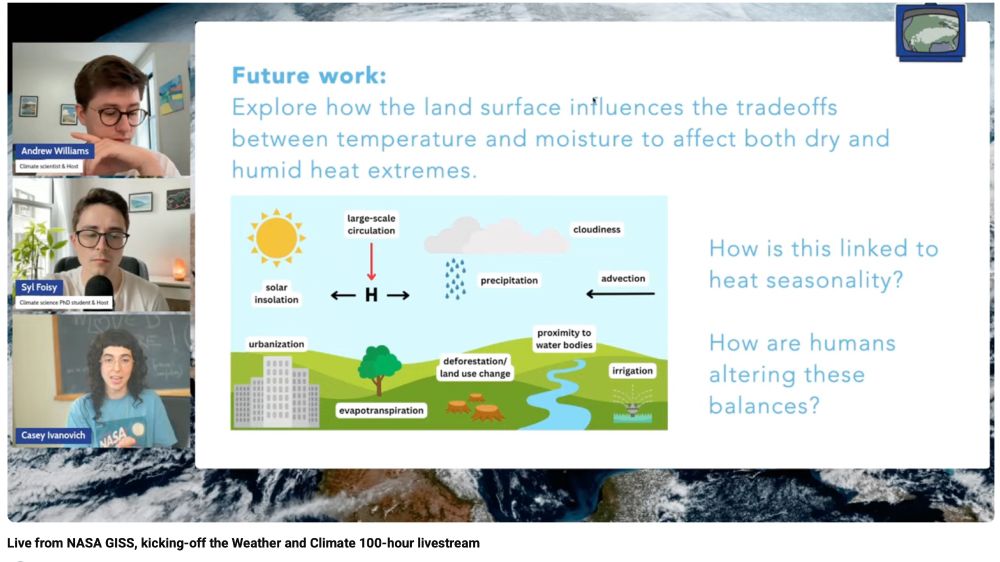 Schematic presented by Casey Ivanovich @ccivanovich.bsky.social during @wclivestream.bsky on May 28, 2025.  "Explore how the land surface influences the tradeoffs between temperature and moisture to affect both dry and humid heat extremes." Schematics has the following labels next to images representing each: "solar insolation, large-scale circulation, precipitation, cloudiness, advection, urbanization, evapotranspiration, deforestation/land use change, proximity to water bodies, and irrigation."Text for questions also displayed, " How is this linked to heat seasonality?" and "How are humans altering these balances?" 