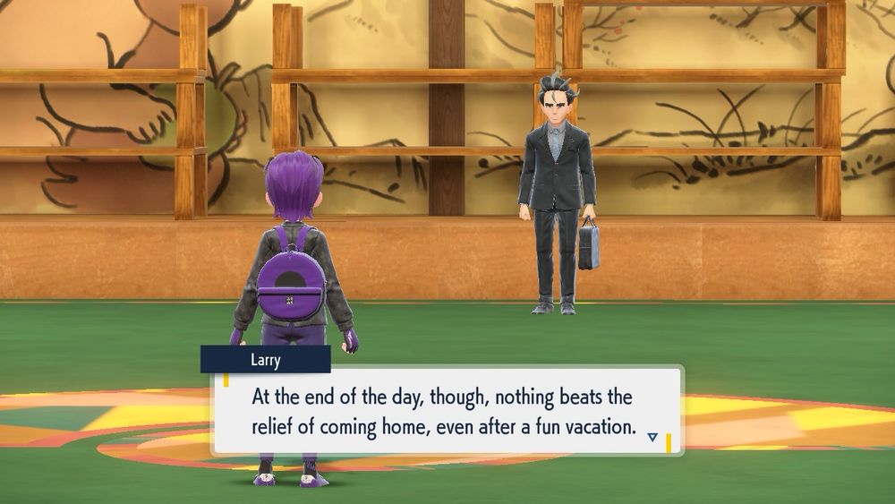 A screenshot from Pokemon Violet of Larry saying: “At the end of the day, though, nothing beats the relief of coming home, even after a fun vacation.”