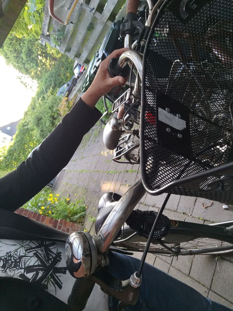 A figure in jeans and a black jacket with a white t-shirt holding a bicycle with a basket. More bikes  can be seen nearby and in the background green trees, hedges and a wooden fence.