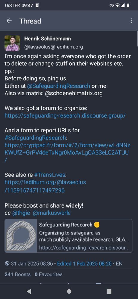 lavaeolus@fedihum.org - If you got a following on #BlueSky, please consider posting about #SafeguardingResearch 
https://fedihum.org/@lavaeolus/113921816307826784

Also on the Facebooks, Linkedins etc. pp. (as long as it's allowed)

Feel free to either tag me or not @lavaeolus.fedihum.org.ap.brid.gy