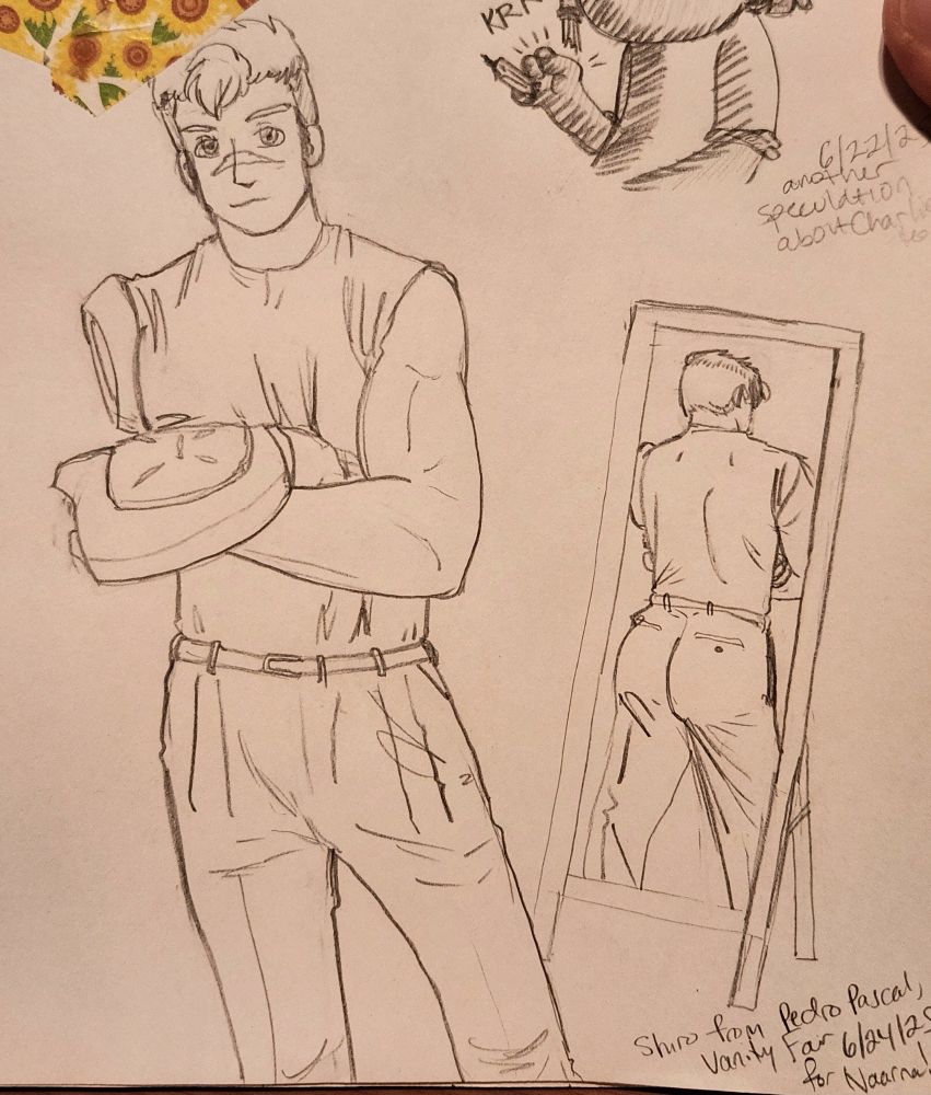 Pencil drawing from reference of Shiro from VLD standing looking handsome. A mirror in the background reflects a choice view of his incredible ass
