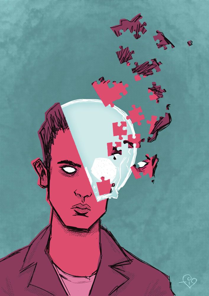 a dude with a glowing skull busting out of his head, shattering part of his face into floating jigsaw pieces
