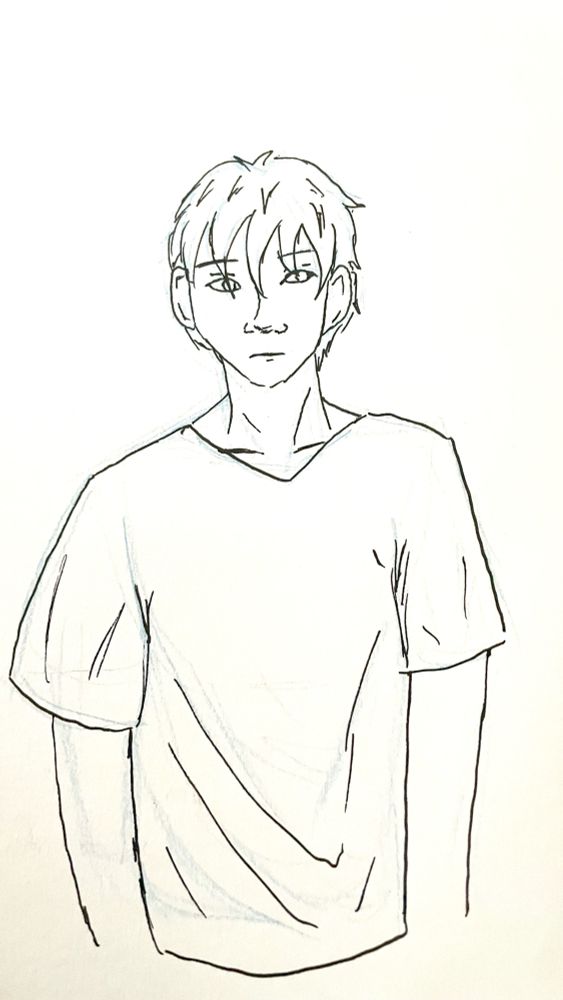 A drawing of a young Asian man with plain features. He is in a Tshirt.