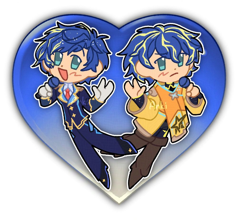 A drawing of Astel Leda and SSR Astel floating within a heart