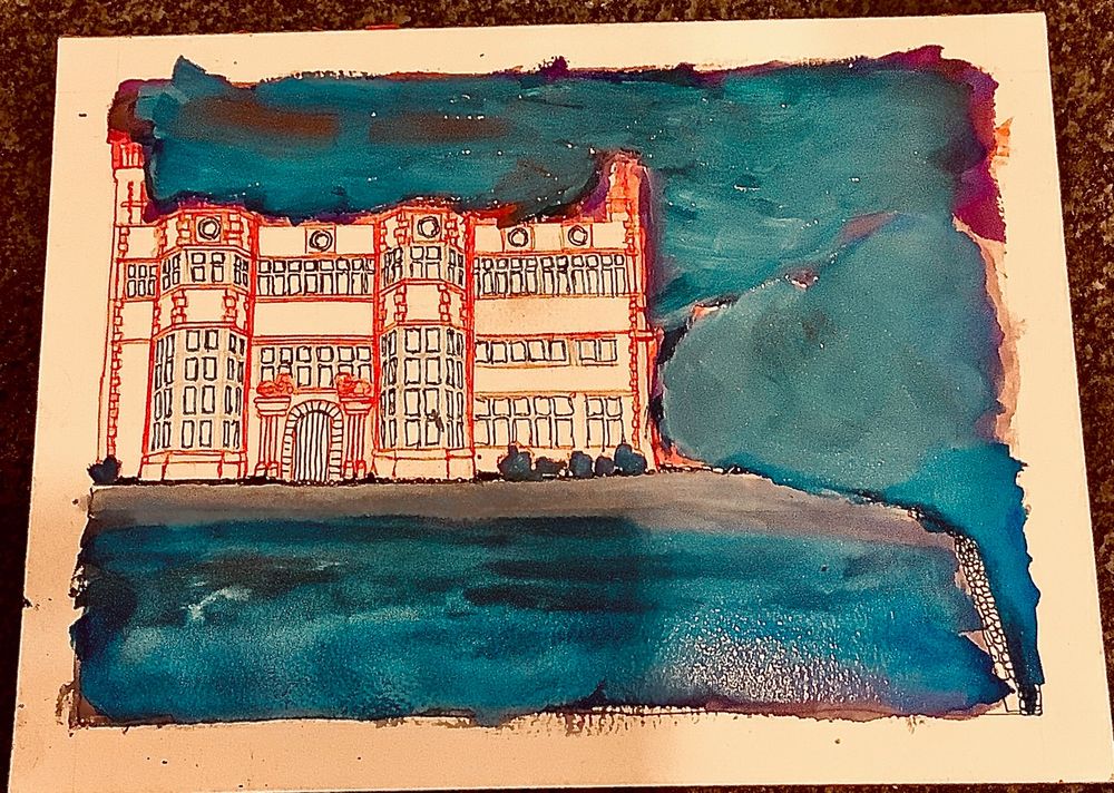 The early scratches of an astley hall sketch in pink ink and peacock blue gauche 