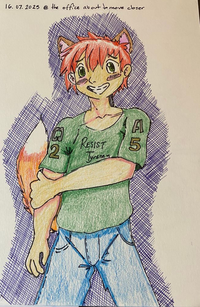 A color pencil and ink drawing of a redheaded anime fox boy.