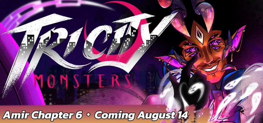 Amir in his succubus form beckoning the viewer.  Text reads "Tri City Monsters: Amir Chapter 6 coming August 14"