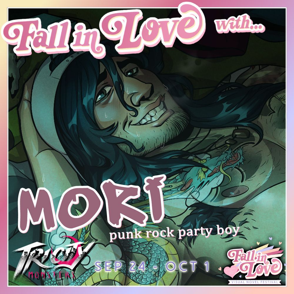 mori grinning at the camera, the text reads Fall in Love with MORI, punk rock party boy.