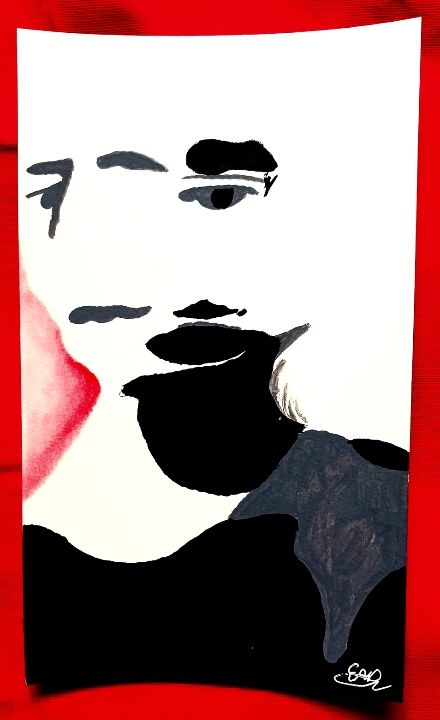 Black and white motion smear of head and shoulders with a red aura and red boarder
