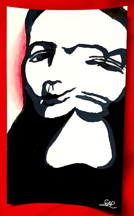 Black and white motion smear of head and shoulders with a red aura and red boarder