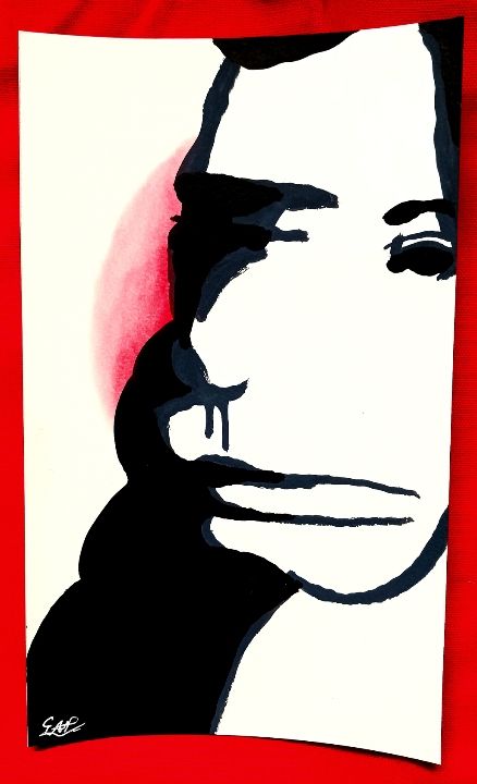 Black and white motion smear of head and shoulders with a red aura and red boarder