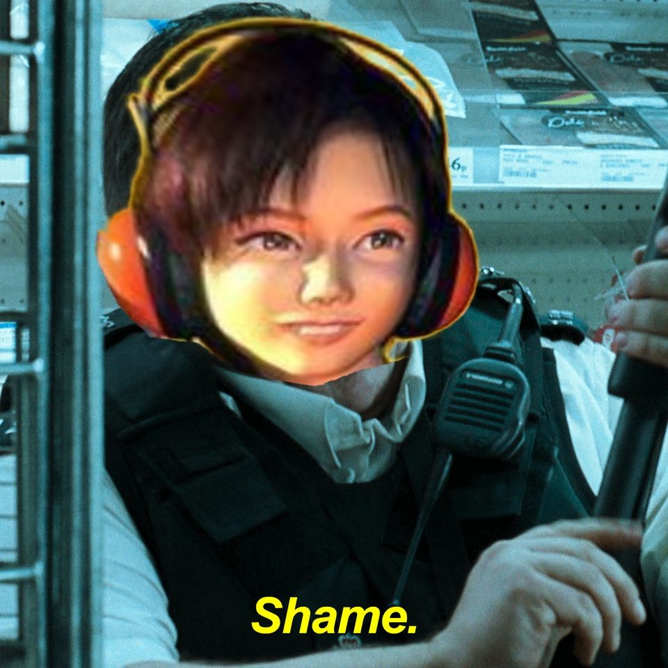 reiko nagase photopea'ed into the shame meme of the guy from hot fuzz loading a shotgun