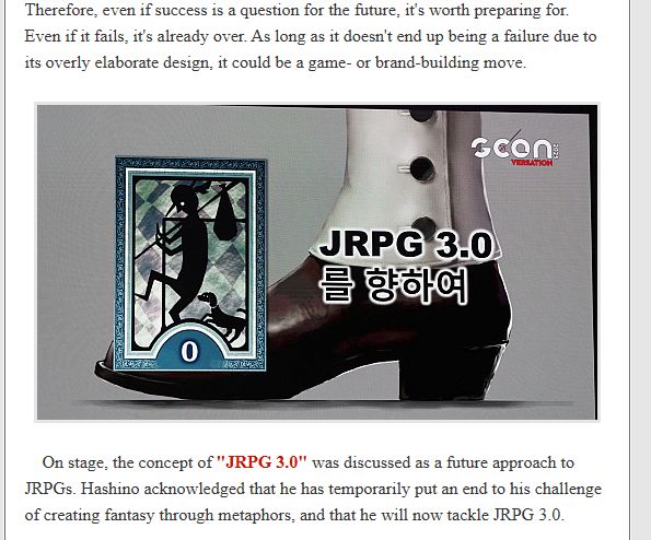a photo from the website 4gamer which includes an image of a slide from a talk by Hashino with the text "JRPG 3.0" written on it