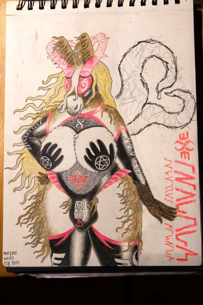 A Poitou donkey woman, wearing holographic horns, and a very skimpy outfit including a shiny black thong and hand-shaped nipple pasties ~