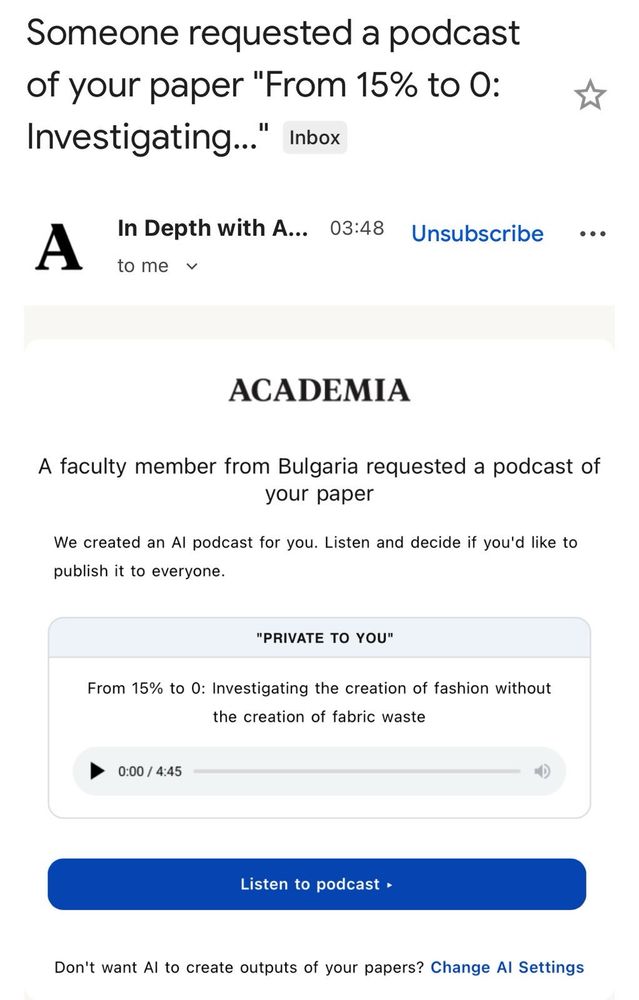 Screenshot of an email from academia.edu saying an academic from Bulgaria requested a podcast of one of my papers that I wrote 20 years ago.