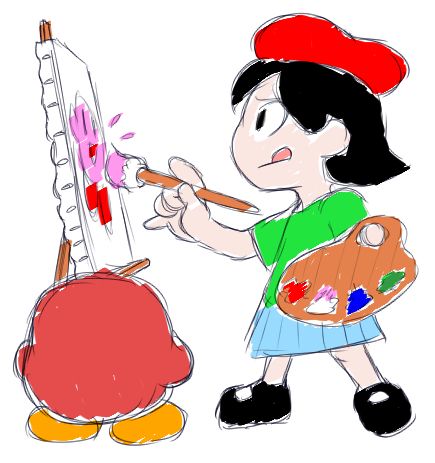 A hastily sketched and colored image of probably off-model Adeline painting Kirby onto a canvas while a Waddle Dee looks on.